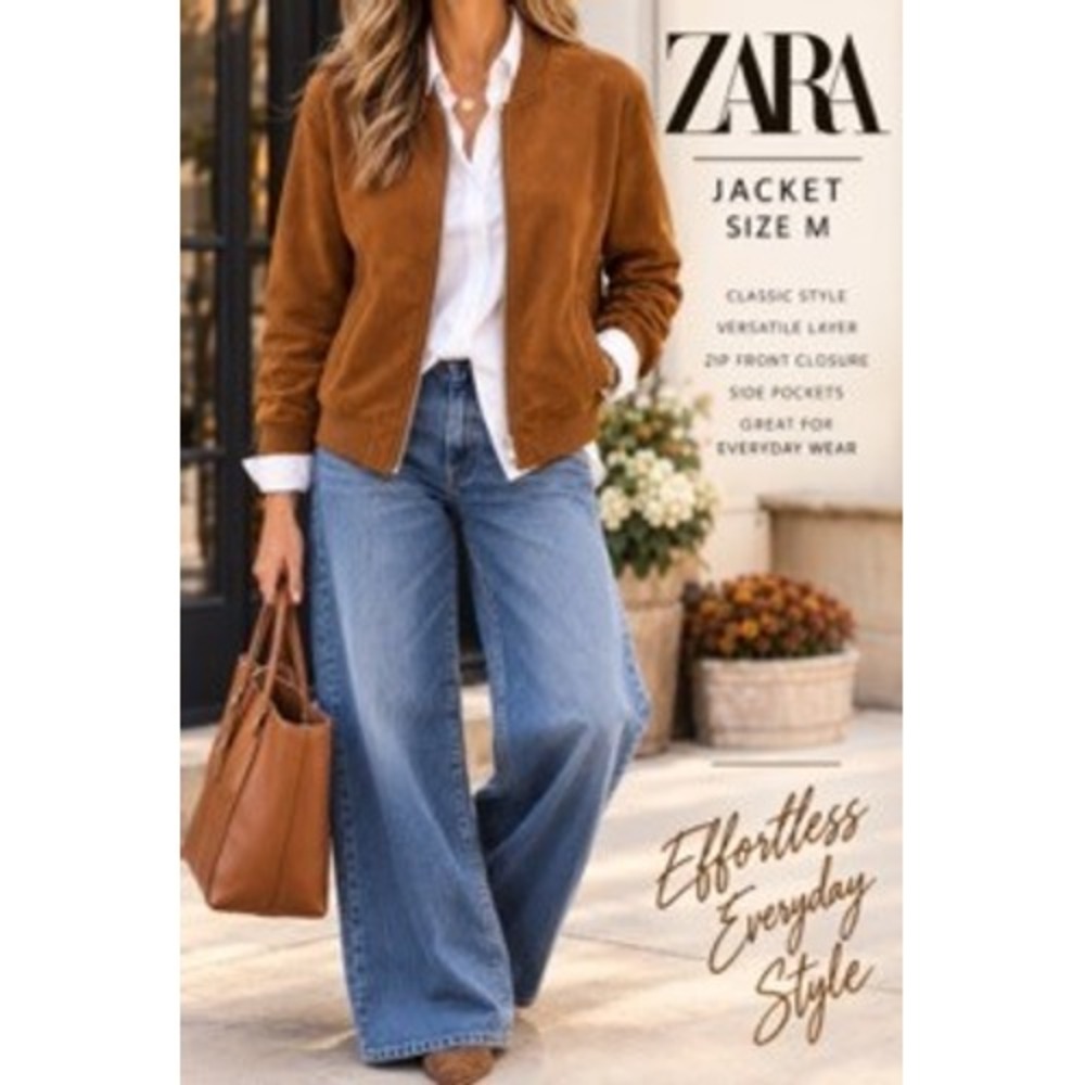 Zara Faux Suede Bomber Jacket Cognac Brown Zip Front Size M